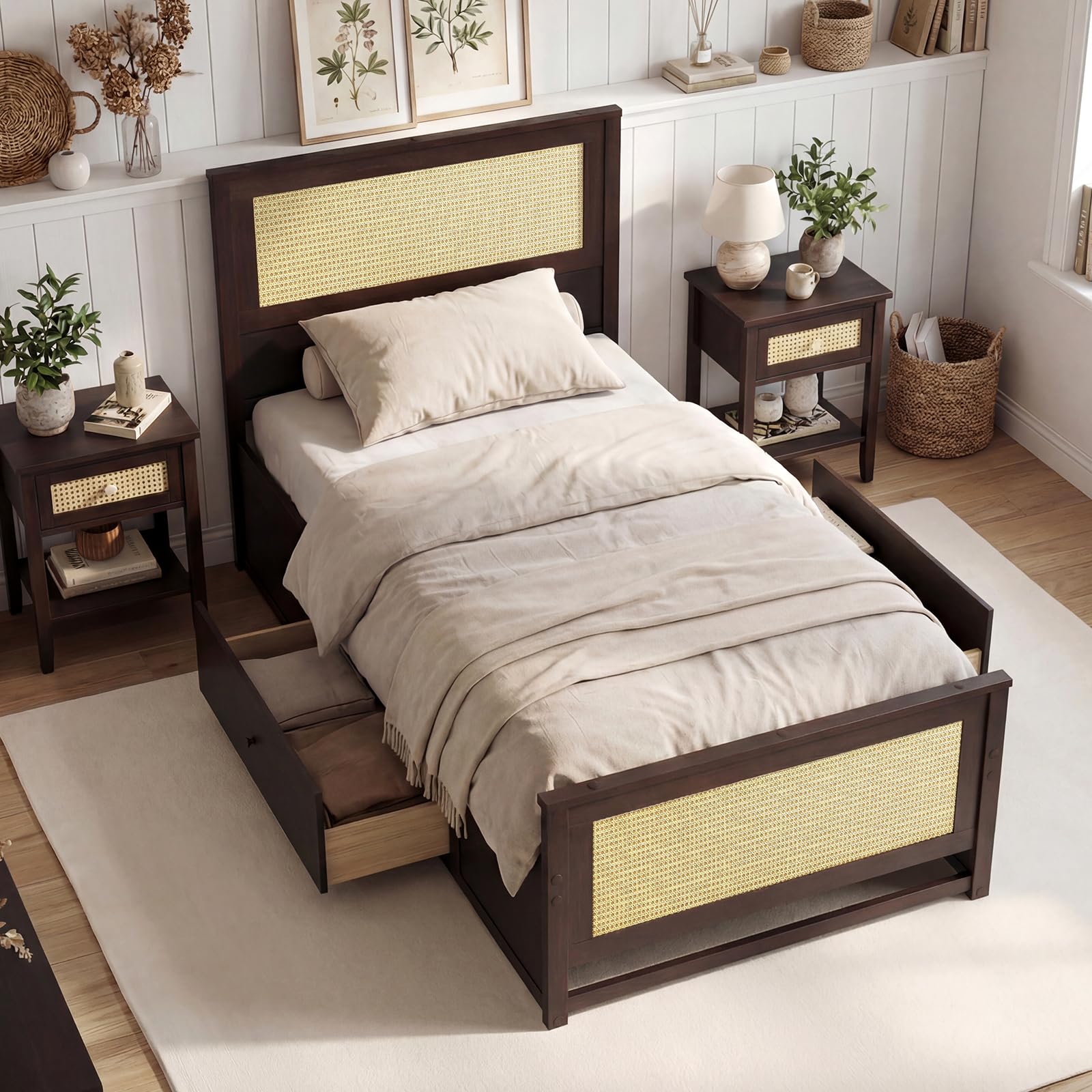 KOMFOTT Rattan Bed Frame with 2 Storage Drawers