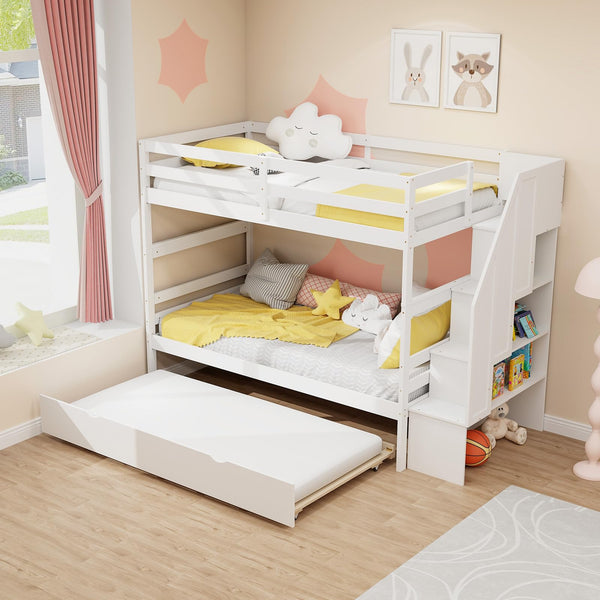 KOMFOTT Wood Twin Over Twin Bunk Bed with Trundle & Storage Stairs, Convertible to 2 Separated Beds