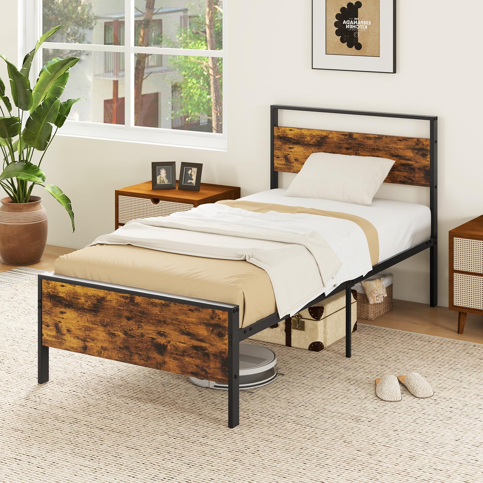 KOMFOTT  Metal Bed Frame with Footboard & Headboard  Heavy-Duty Platform Bed