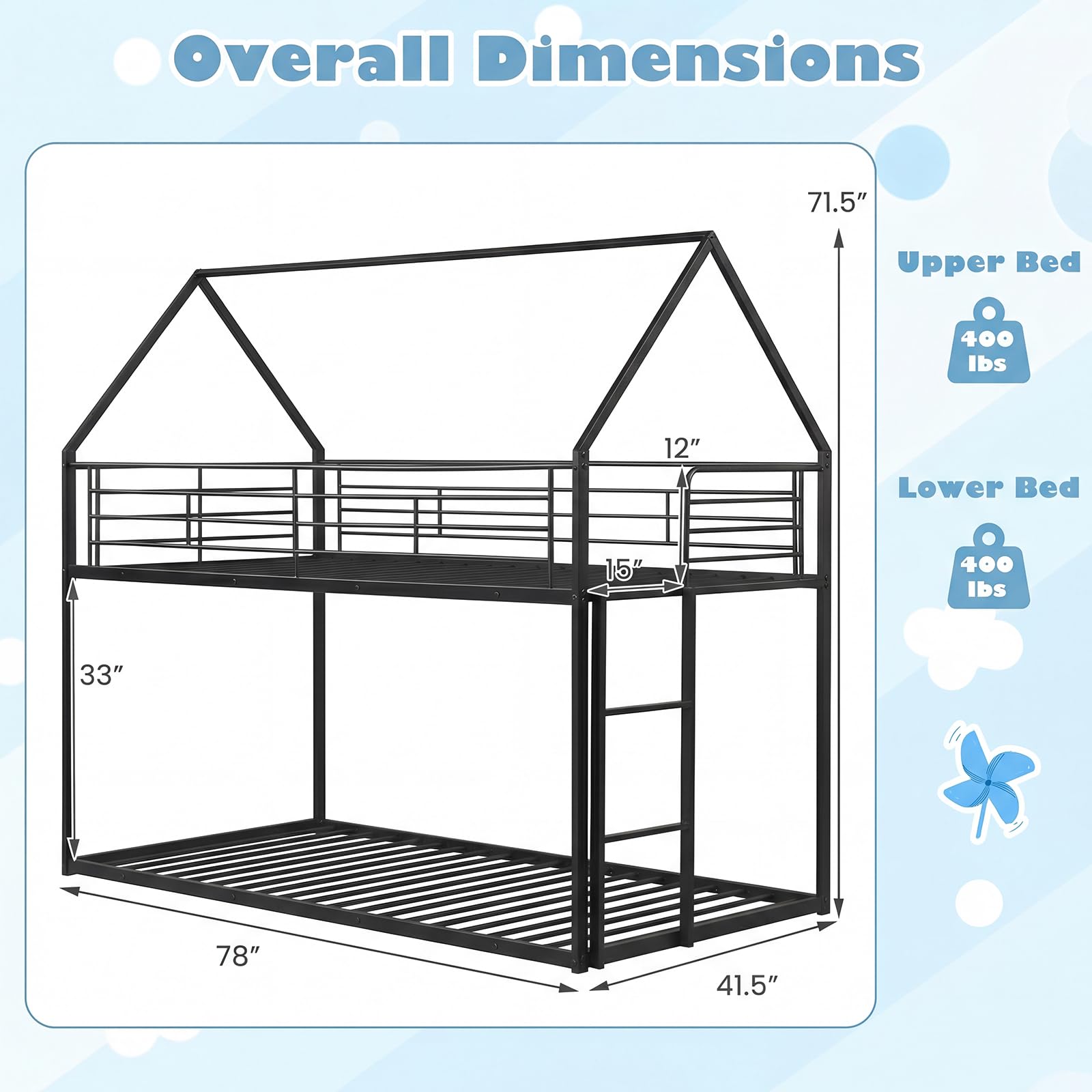 KOMFOTT Low Bunk Bed Twin Over Twin with Roof