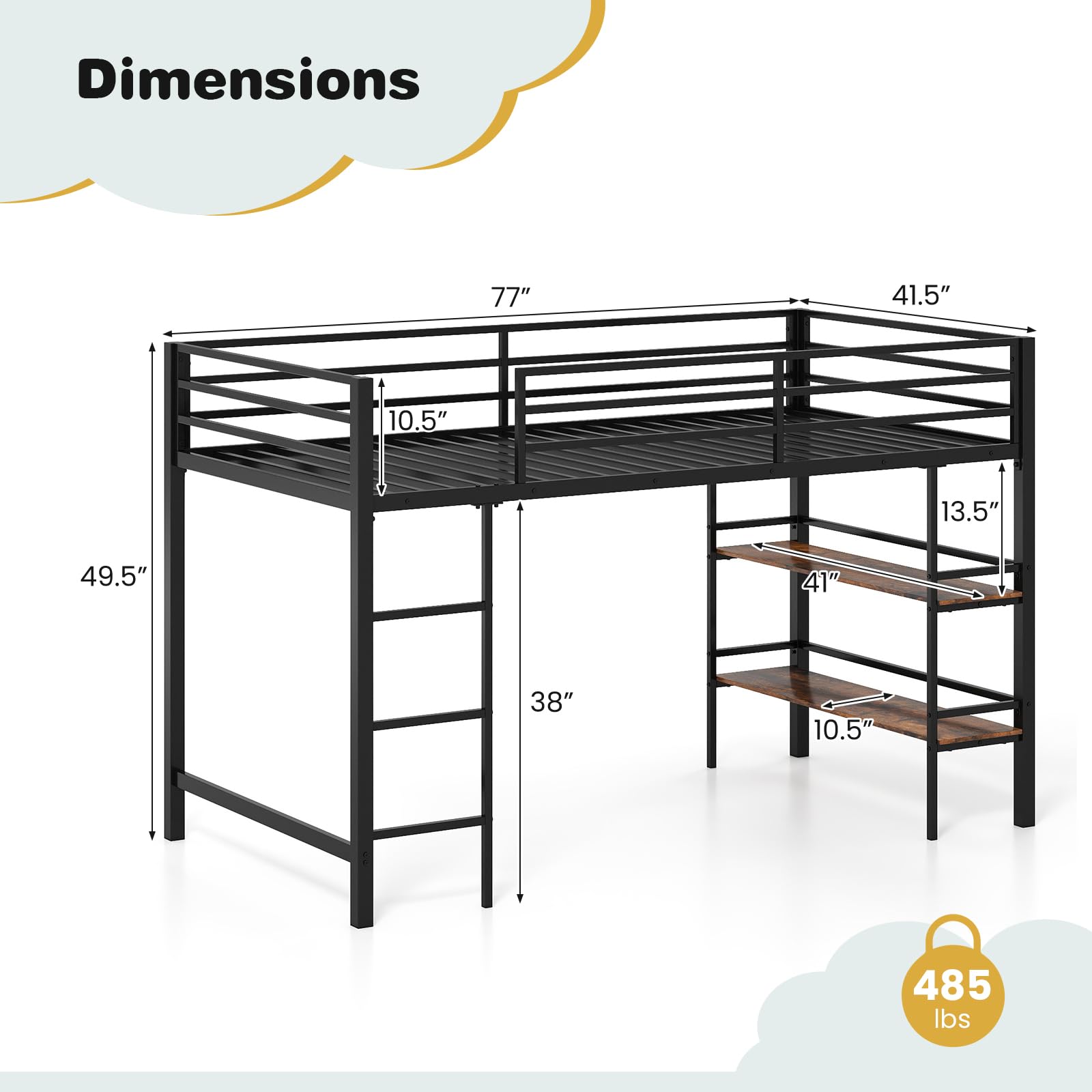 KOMFOTT Twin Size Metal Loft Bed w/Storage Shelves