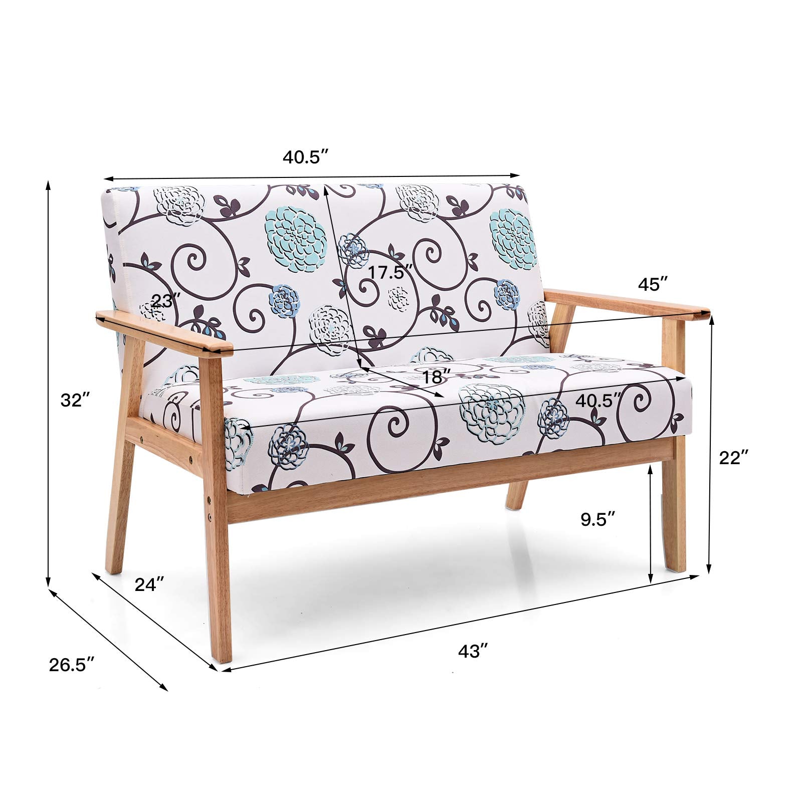 KOMFOTT 2-Seat Mid-Century Upholstered Wooden Loveseat w/Rubber Wood