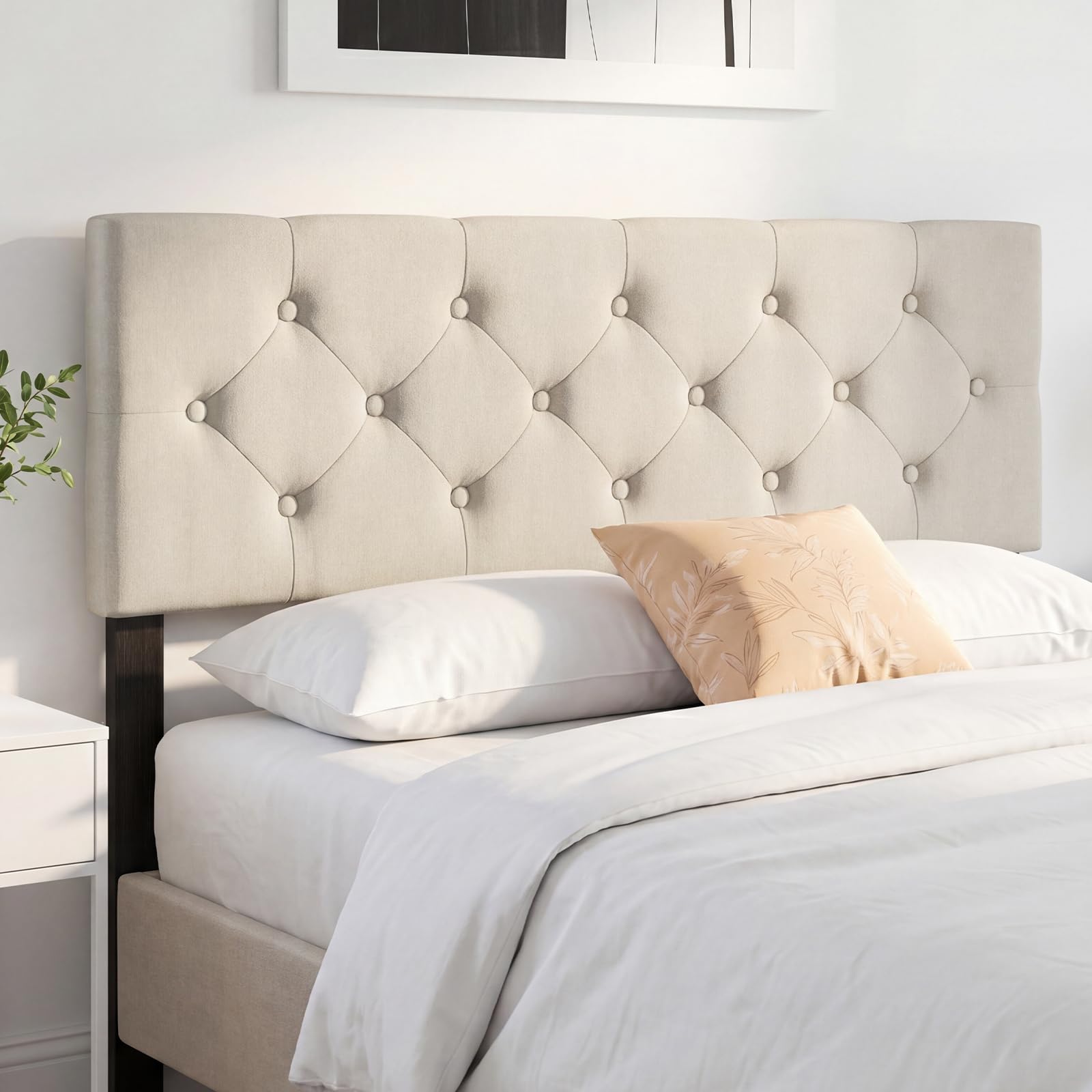 KOMFOTT Linen Upholstered Headboard for Full & Queen Size Bed Frame(Rhombic Button Tufted)