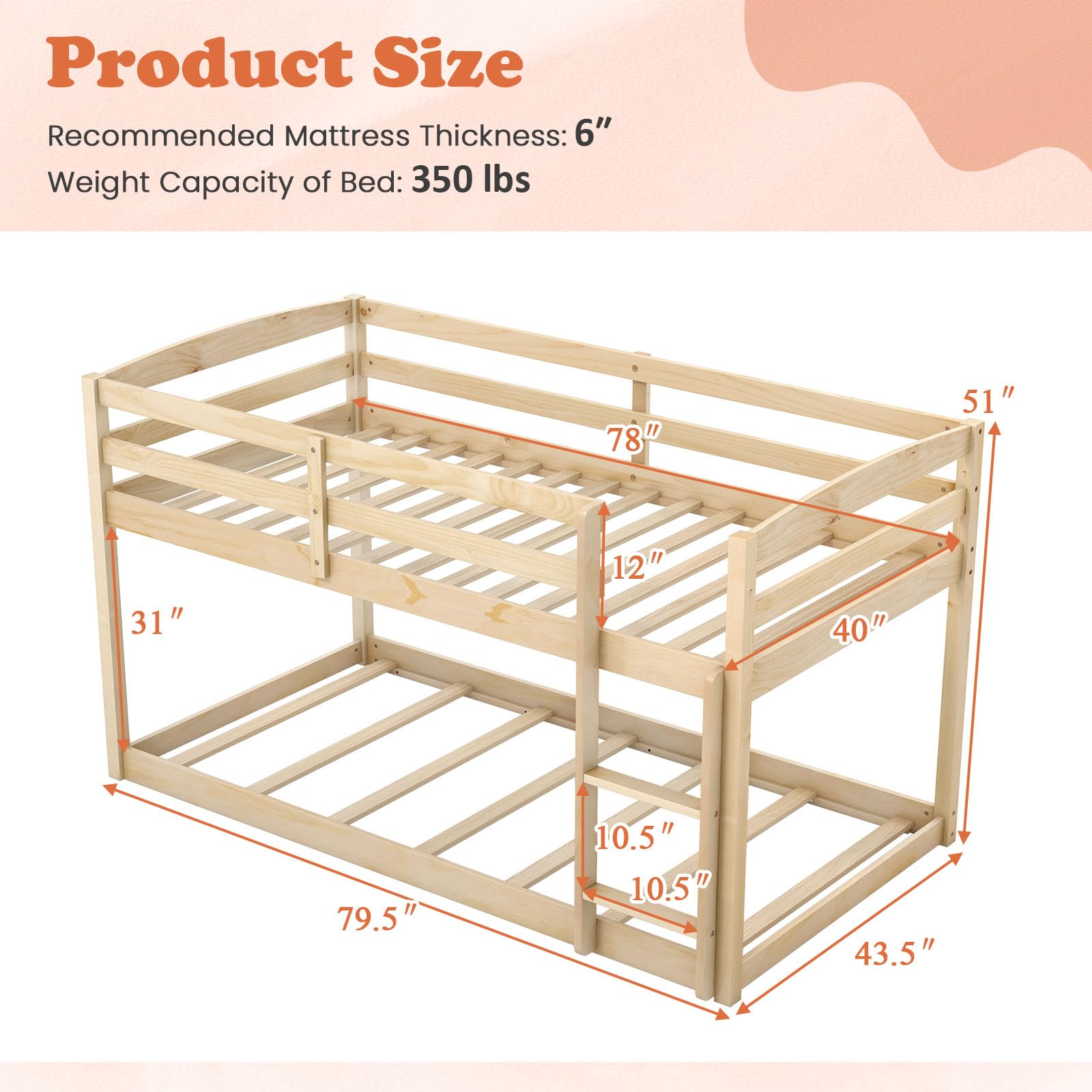 KOMFOTT Twin Over Twin Solid Wood Low Bunk Bed with Full Guardrails & Integrated Ladder