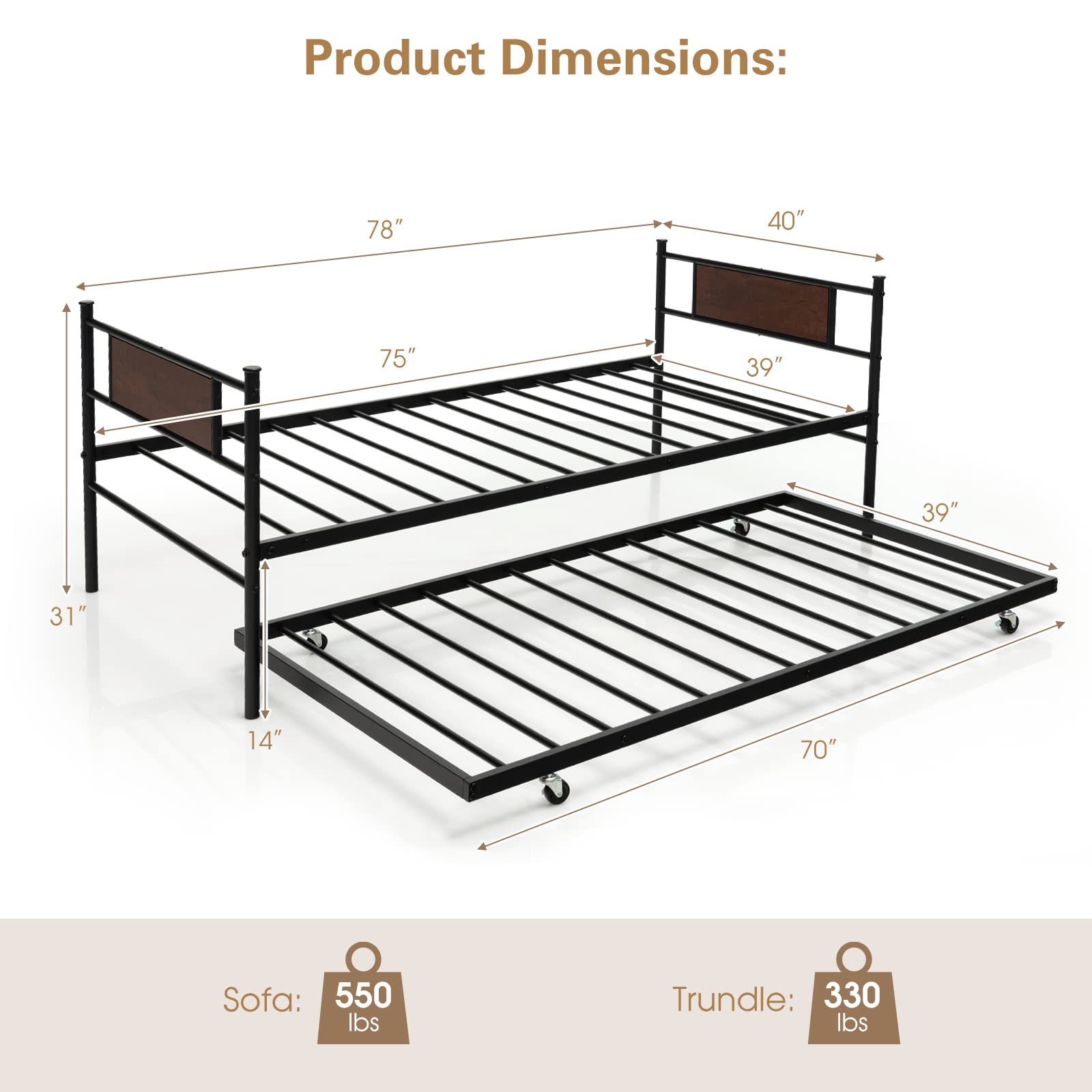 KOMFOTT Twin Metal Daybed with Trundle（Black）