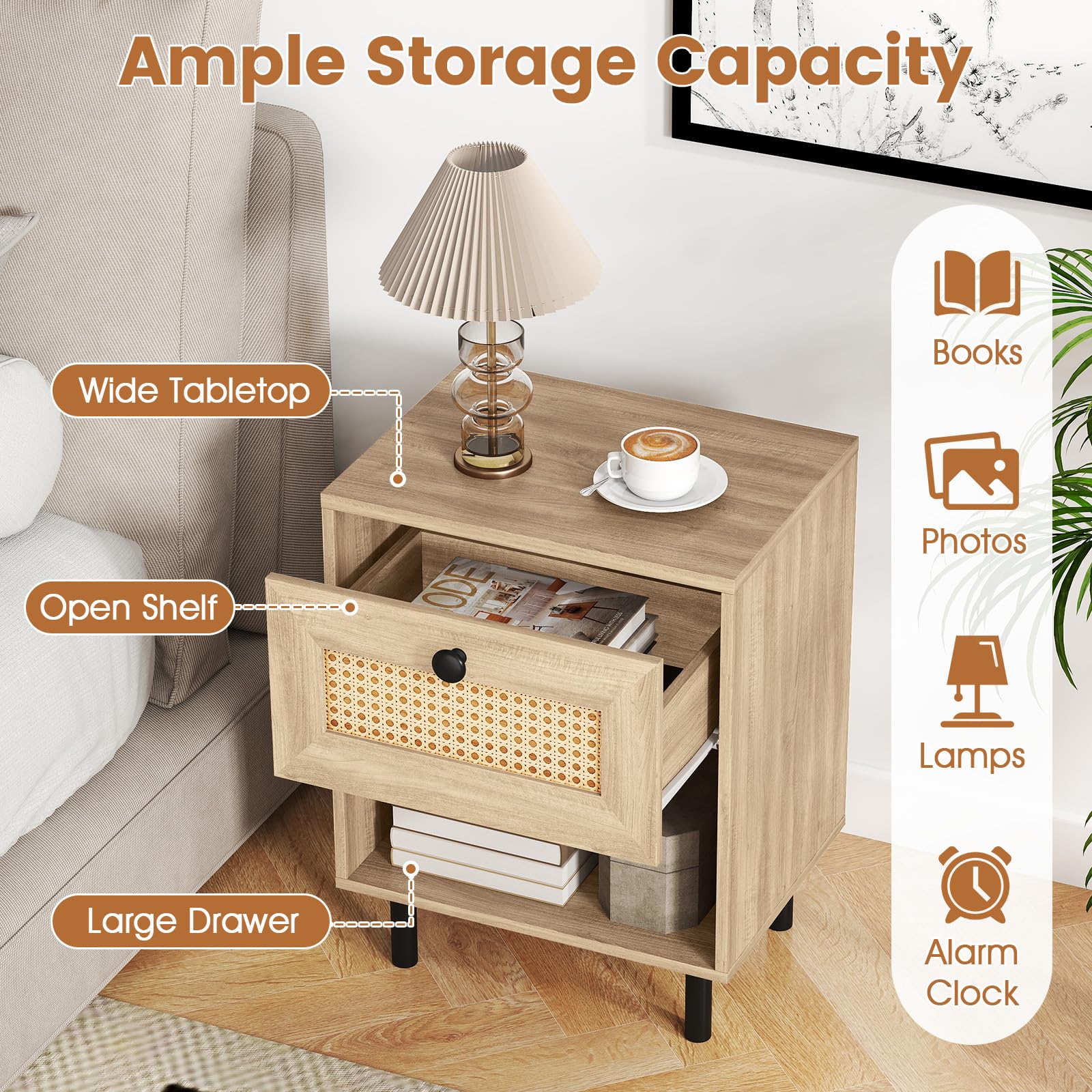 KOMFOTT Rattan Nightstand with Drawer Boho Bedside Table