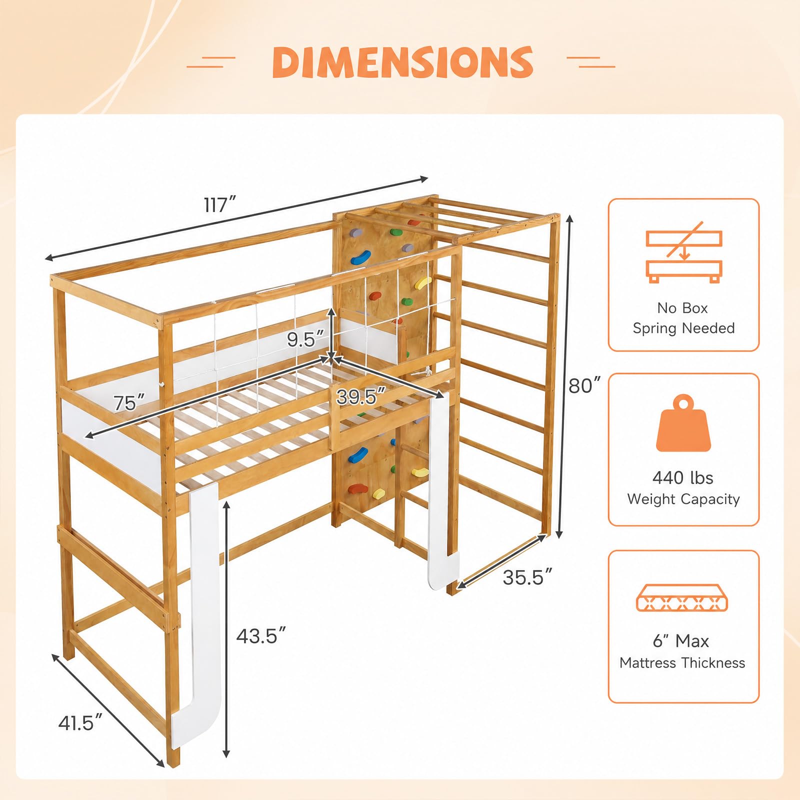KOMFOTT Twin Bunk Bed with Jungle Gym Kids Loft Bed with Rock Wall