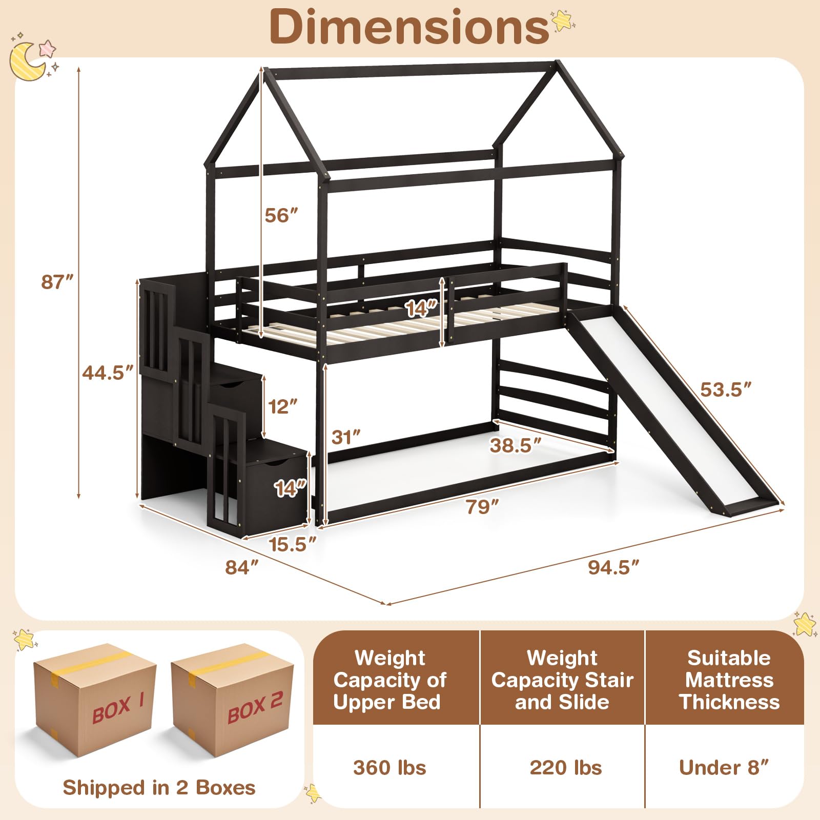 KOMFOTT Wood Twin Over Twin House Bunk Bed with Slide & Storage Staircase