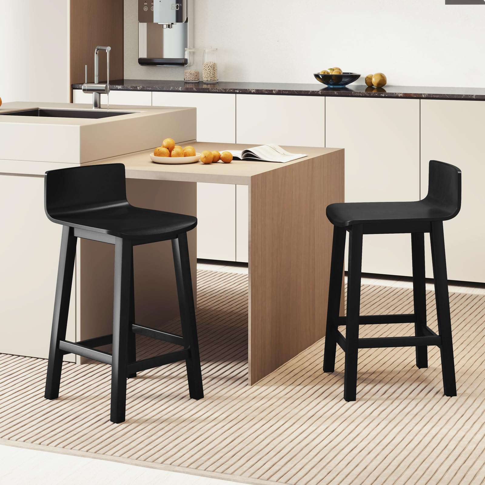 KOMFOTT Solid Wood Bar Stools Set of 2/4, Counter Height Chairs with Low Back and Footrest