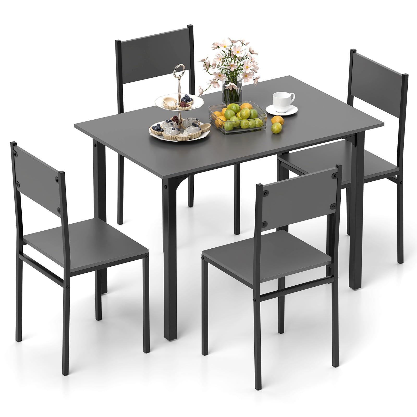 KOMFOTT 5-Piece Dining Table Set, Industrial Kitchen Table and Chairs for 4 with Backrest and Metal Frame
