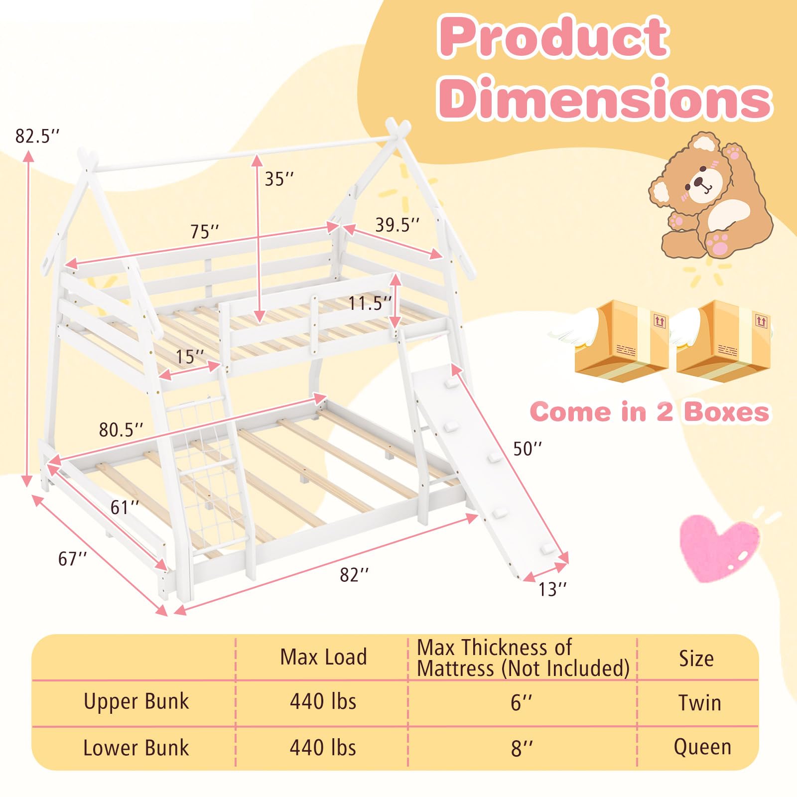 KOMFOTT Wood Twin Over Queen House Bunk Bed with Climbing Nets & Ramp