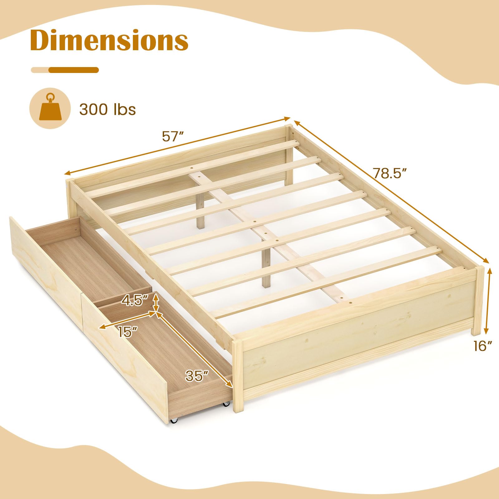 KOMFOTT Bed Frame with 2 Storage Drawers, Solid Wood Platform Bed with Slats Support