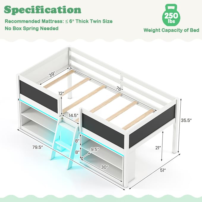 KOMFOTT Twin Size Low Loft Bed with LED Lights