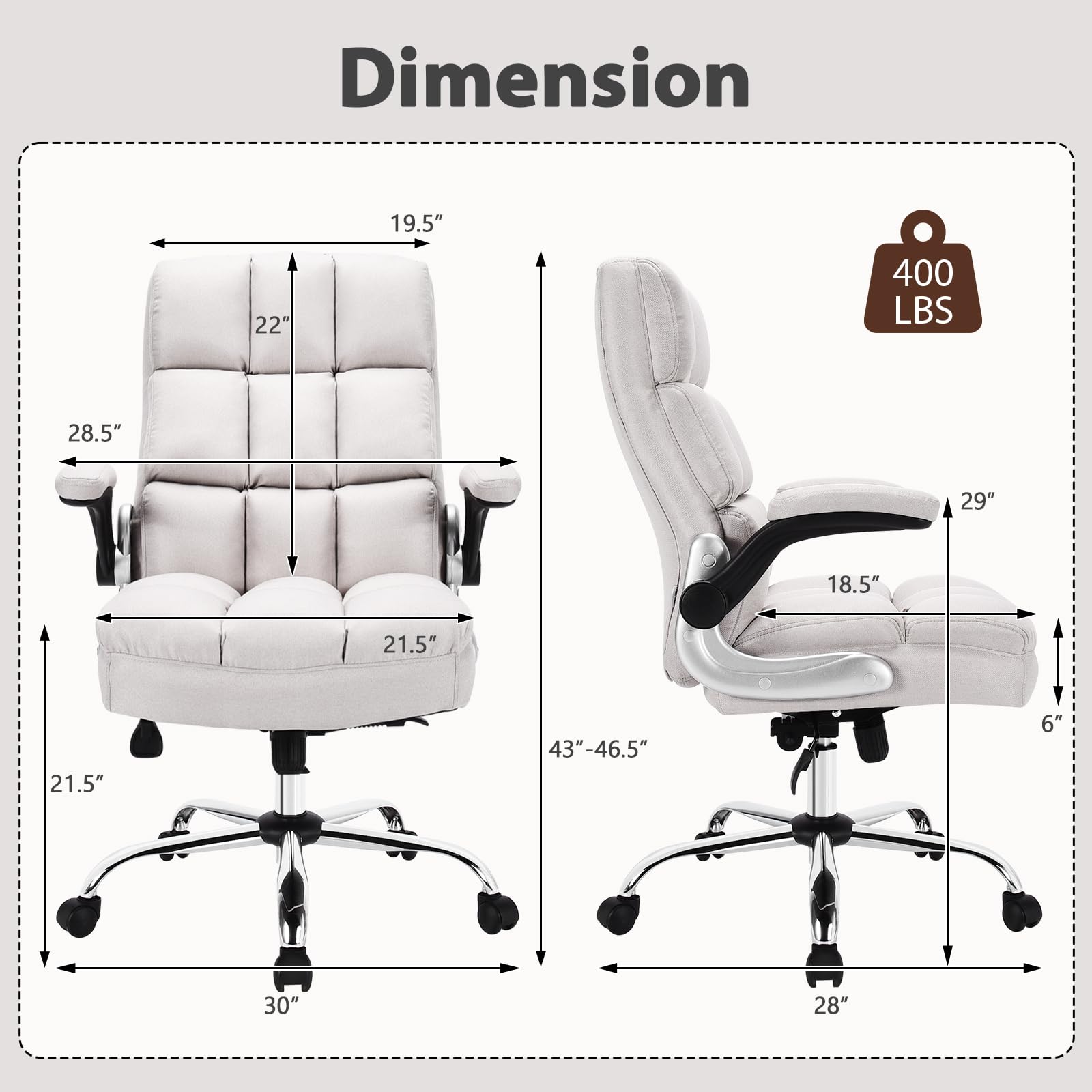 KOMFOTT Executive Office Chair, Adjustable Tilt Angle and Flip-up Armrest Linen Fabric Upholstered Chair with Thick Padding