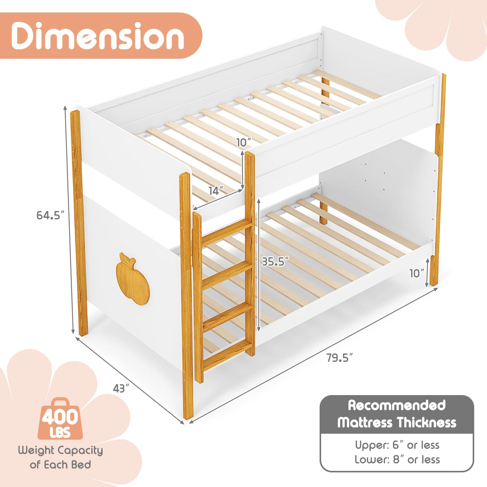 KOMFOTT Twin Over Twin Bunk Bed Solid Wood Bunk Bed Frame