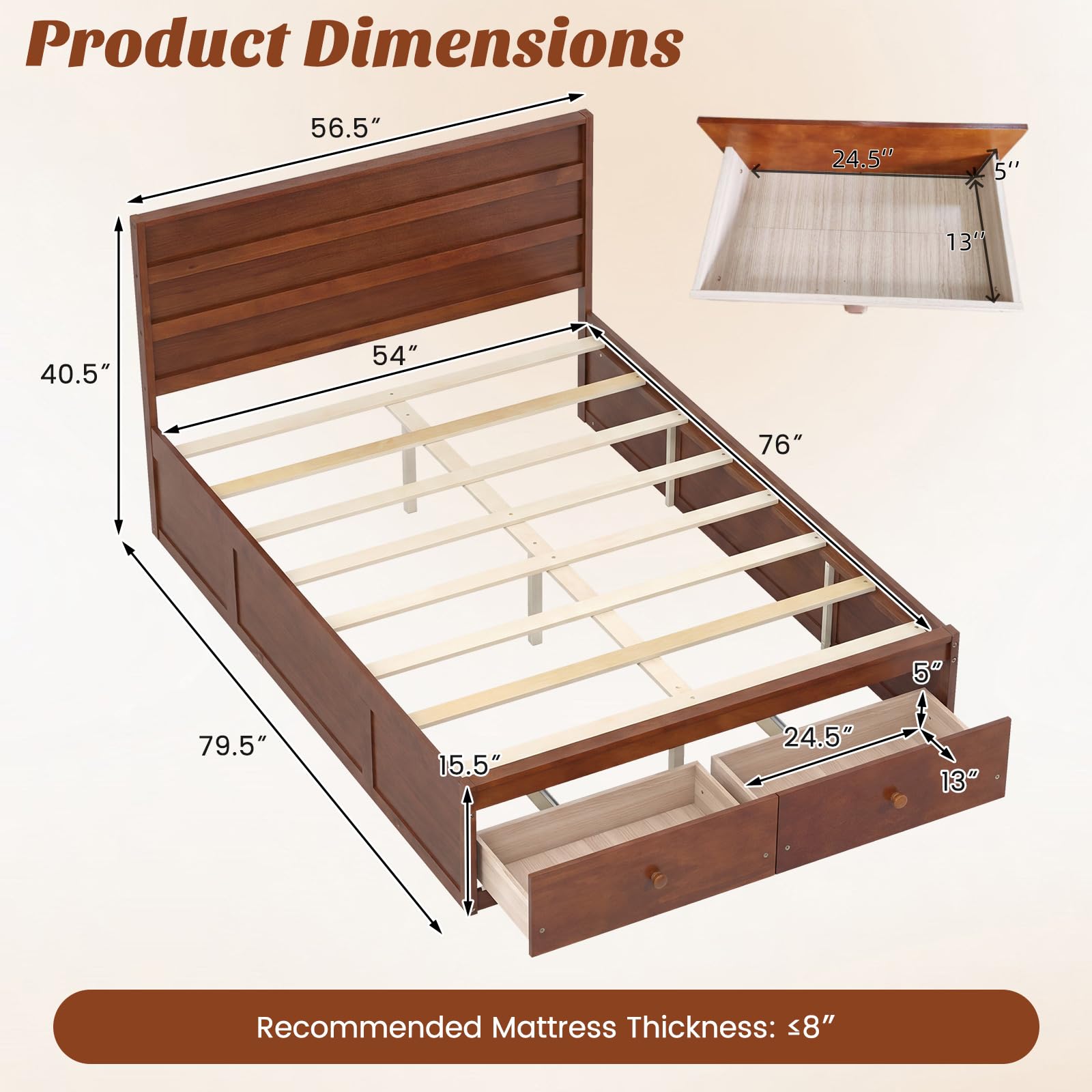 KOMFOTT Twin/Full Size Bed Frame with 2 Storage Drawers