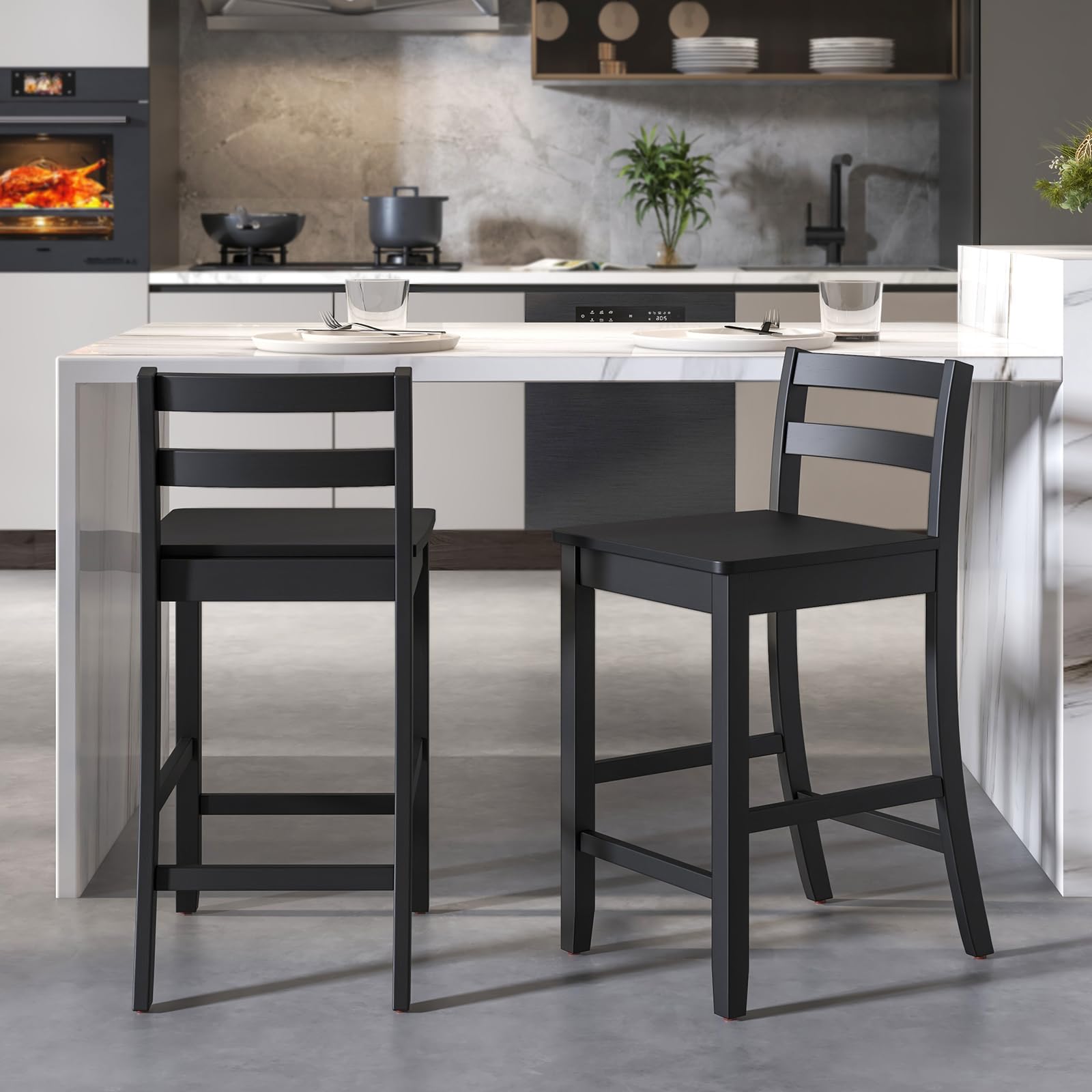 KOMFOTT Wooden Bar Stools Set of 2/4, 24-Inch Counter Height Stools with Ergonomic Backrest & Footrest