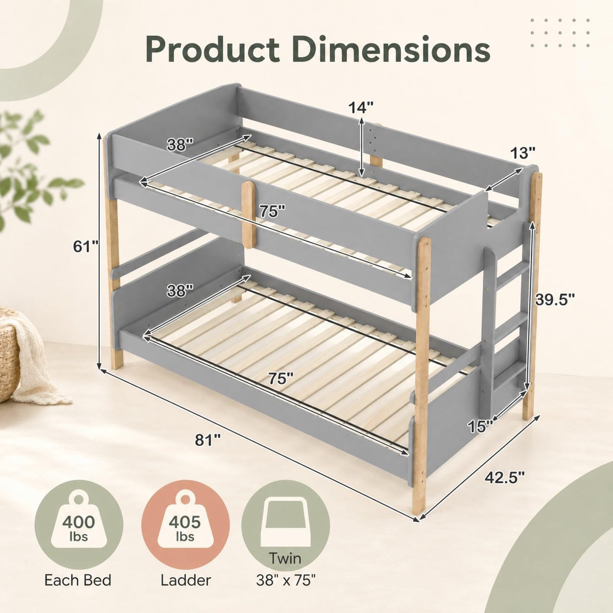 KOMFOTT Bunk Bed Twin Over Twin, Converts into 2 Twin Beds(Side Ladder)