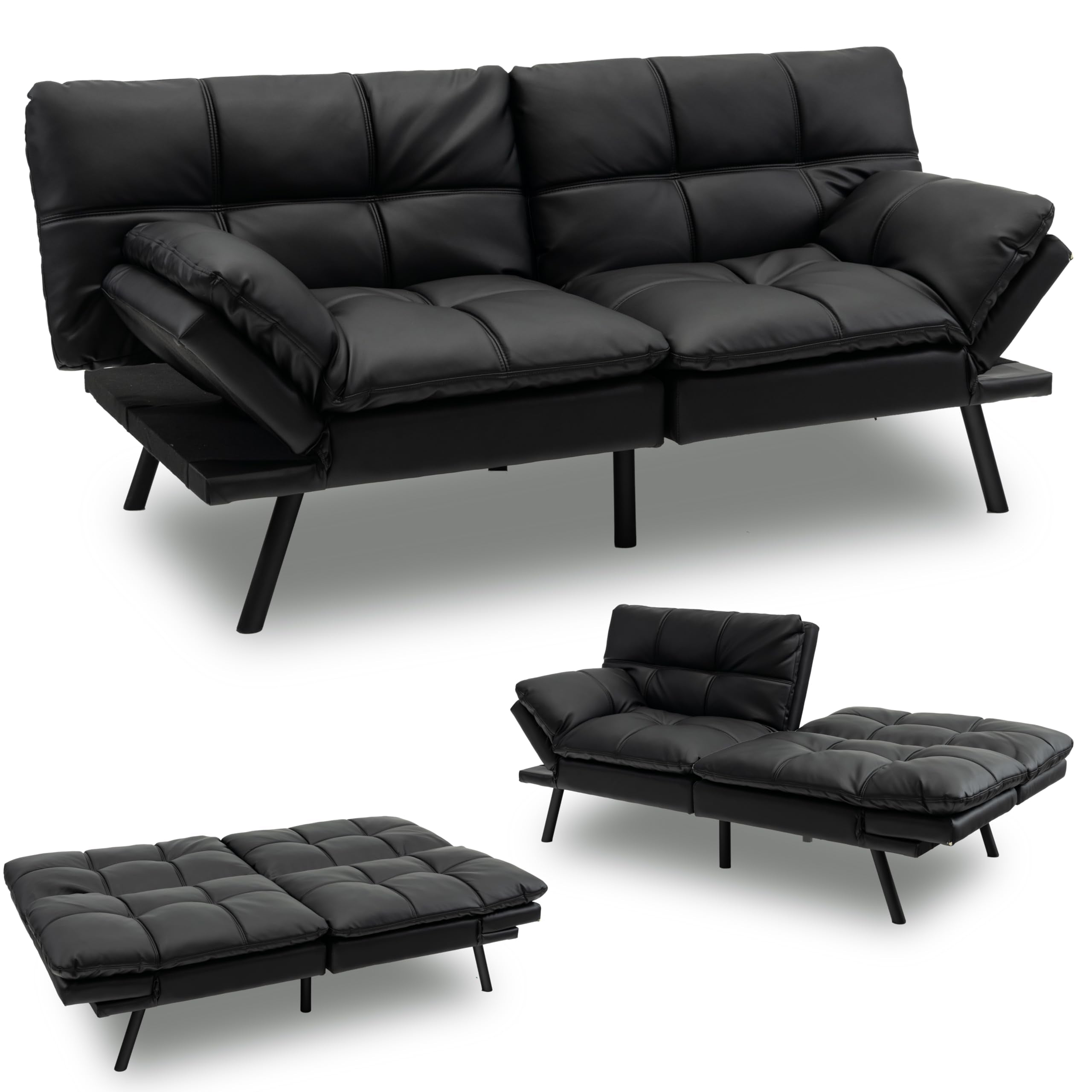 KOMFOTT Futon Sofa Bed, Faux Leather Memory Foam Convertible Futon Couch with Adjustable Backrest & Armrests