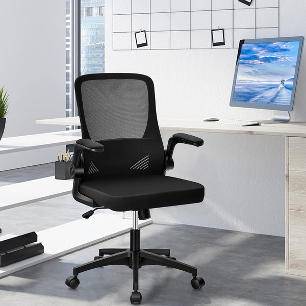 Ergonomic Office Chair w/Foldable Backrest, Mid Back Mesh Chair with Lumbar Support, Flip up Arms