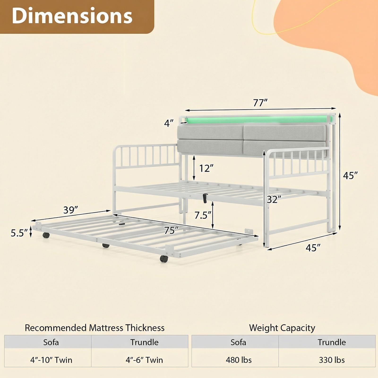 KOMFOTT Twin Size Daybed with Trundle & LED Light