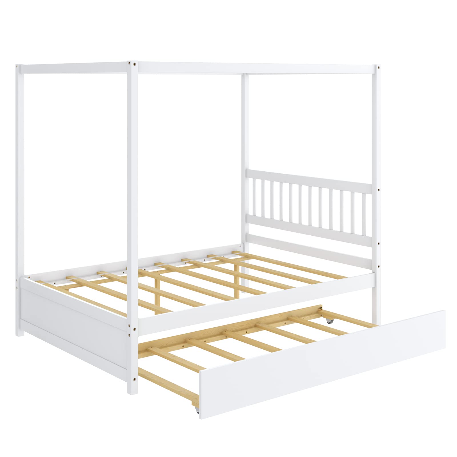 KOMFOTT Wood Canopy Bunk Bed with Trundle, Full Size Solid Wood Platform Bed with Headboard