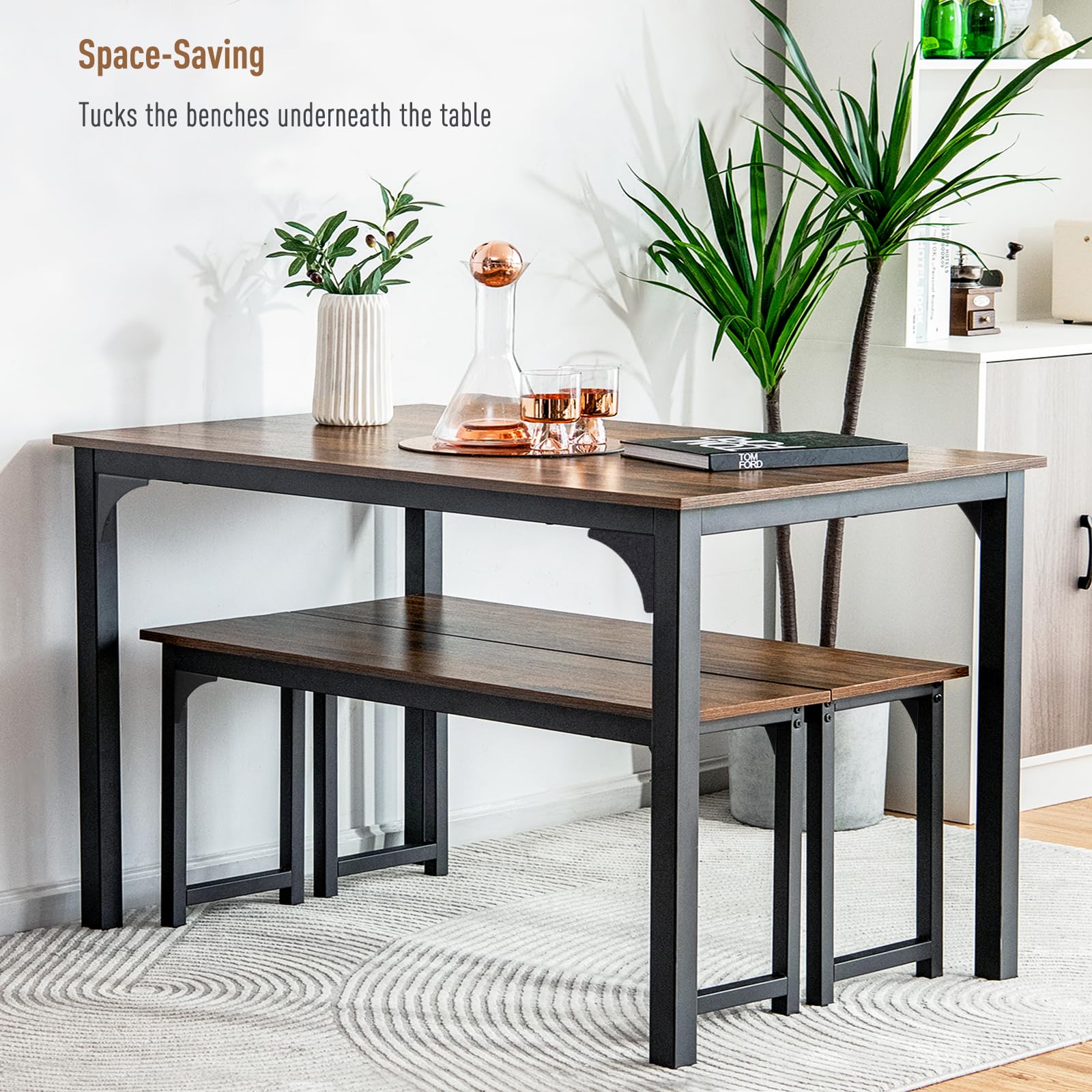 KOMFOTT Dining Table Set for 4, 3-Piece Kitchen Table with 2 Benches
