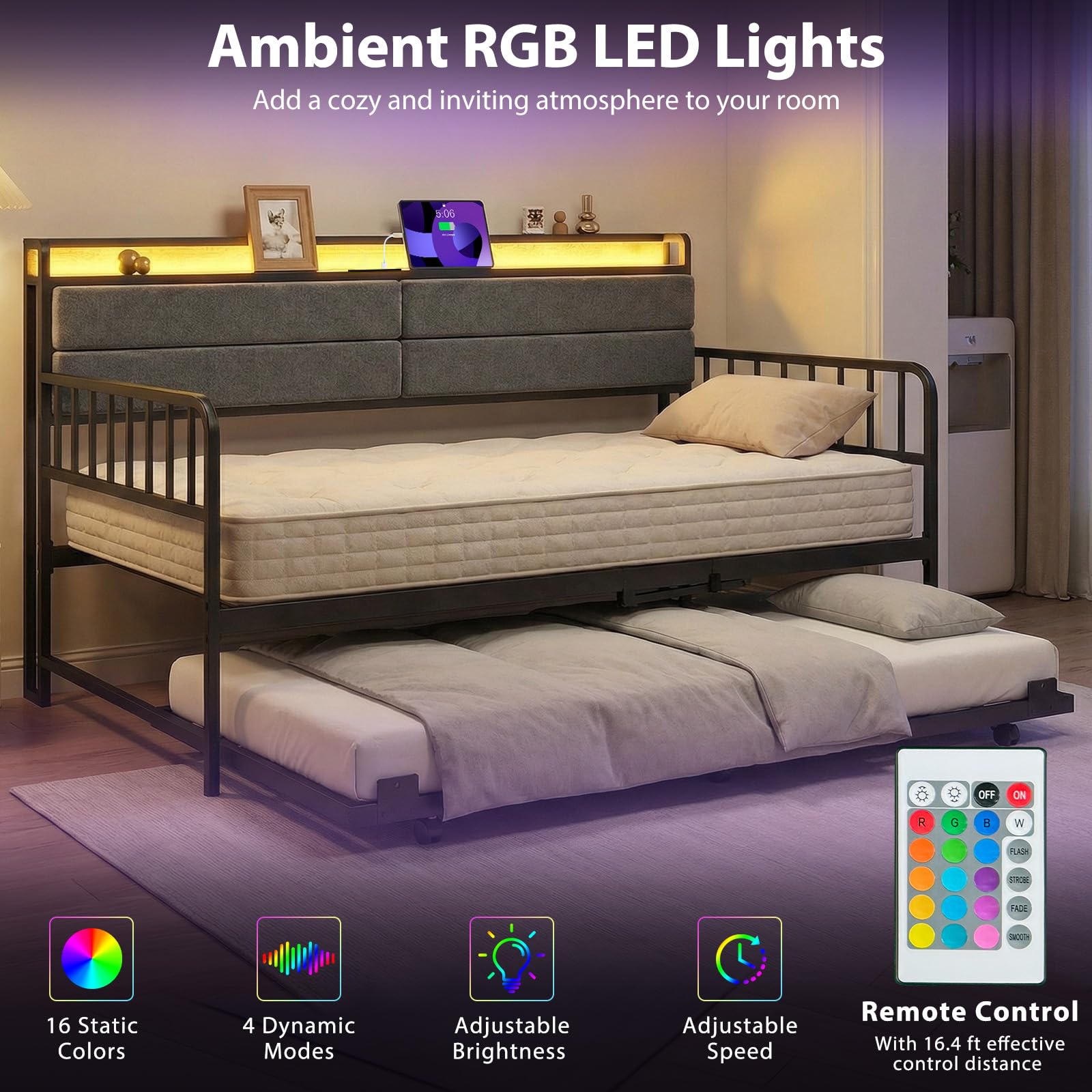 KOMFOTT Twin Size Daybed with Trundle & LED Light
