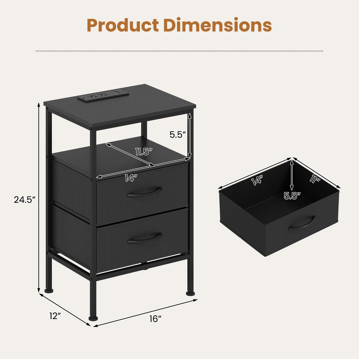 KOMFOTT 1/2 Nightstands with Charging Station 24.5" Modern Bedside Table(2 Drawers)