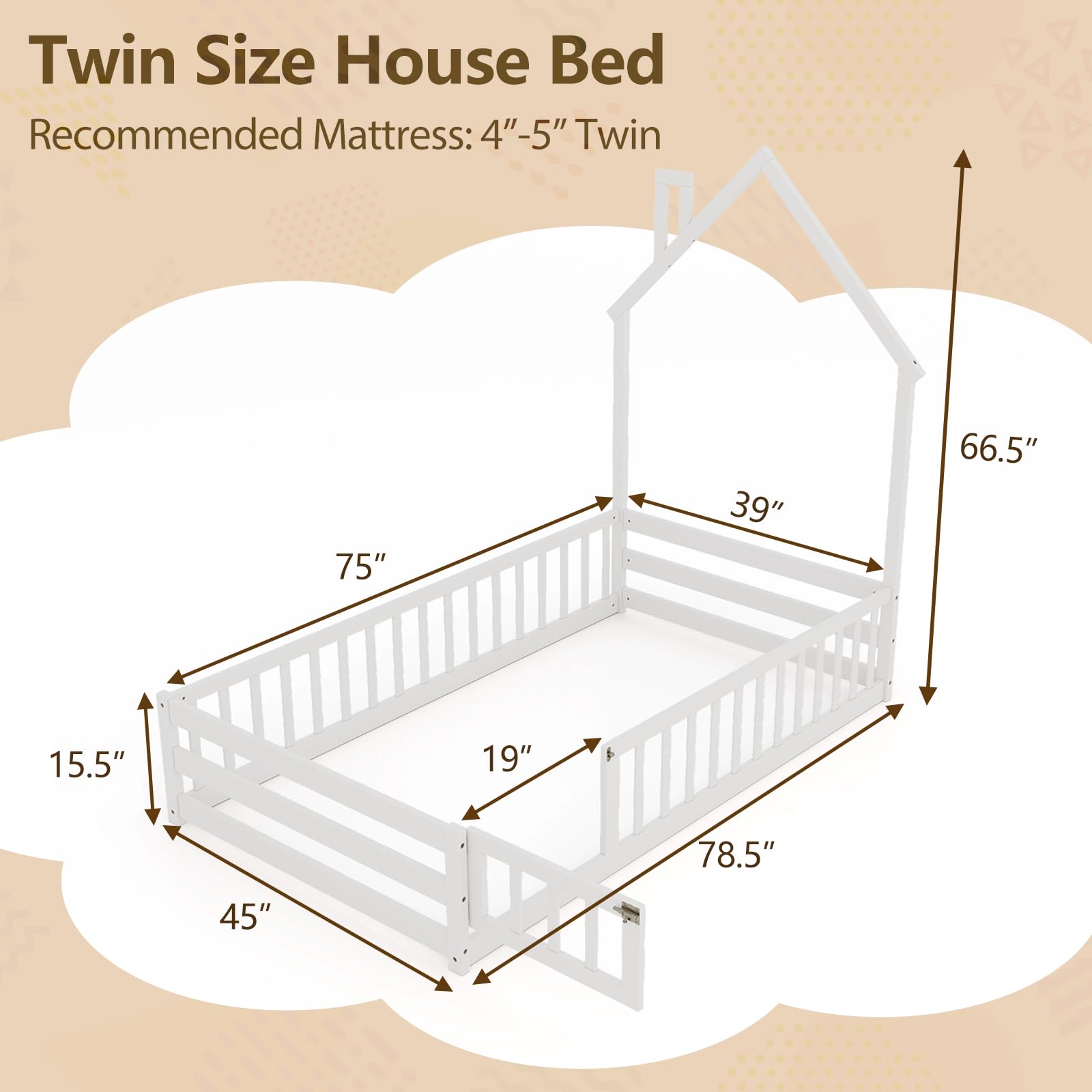 KOMFOTT Twin Size Wood Floor Bed with Door & Fence