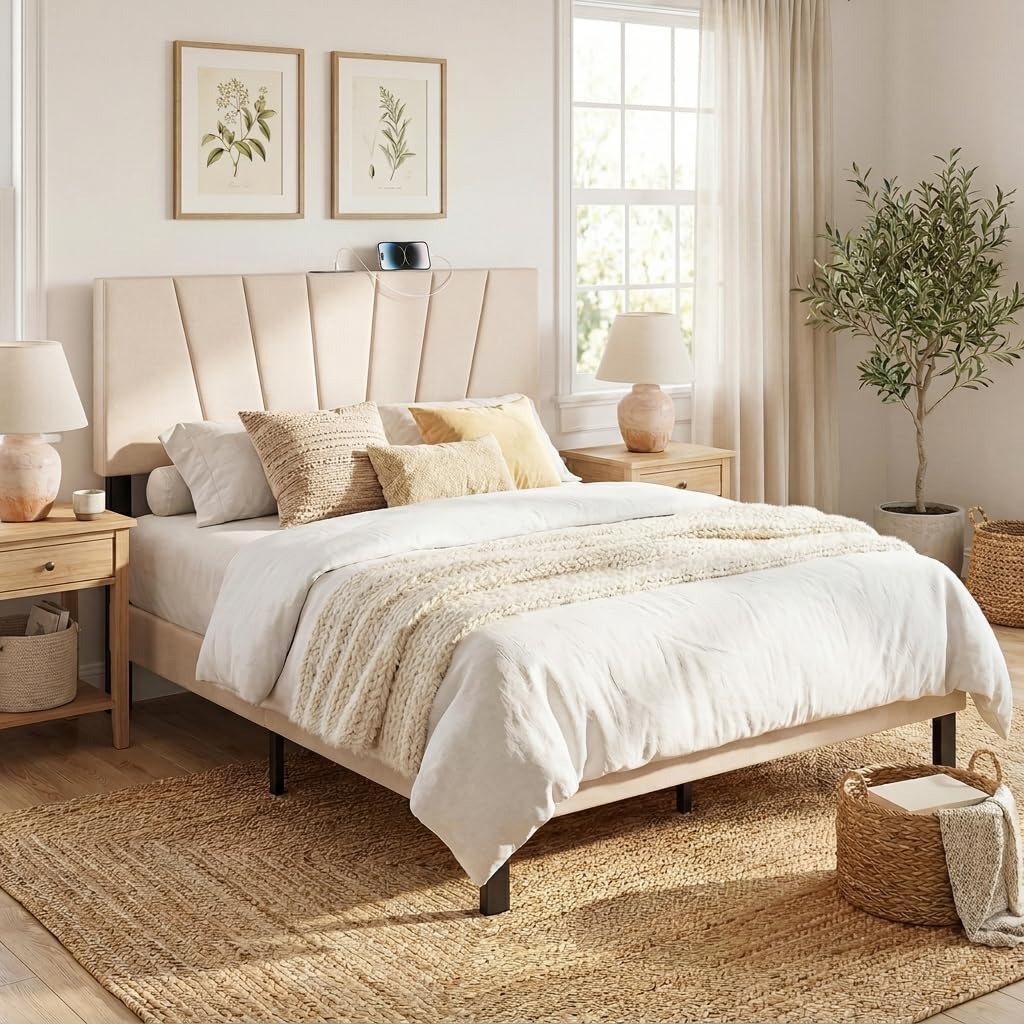 KOMFOTT Upholstered Full & Queen Headboard with Charging Station(Vertical Channel)