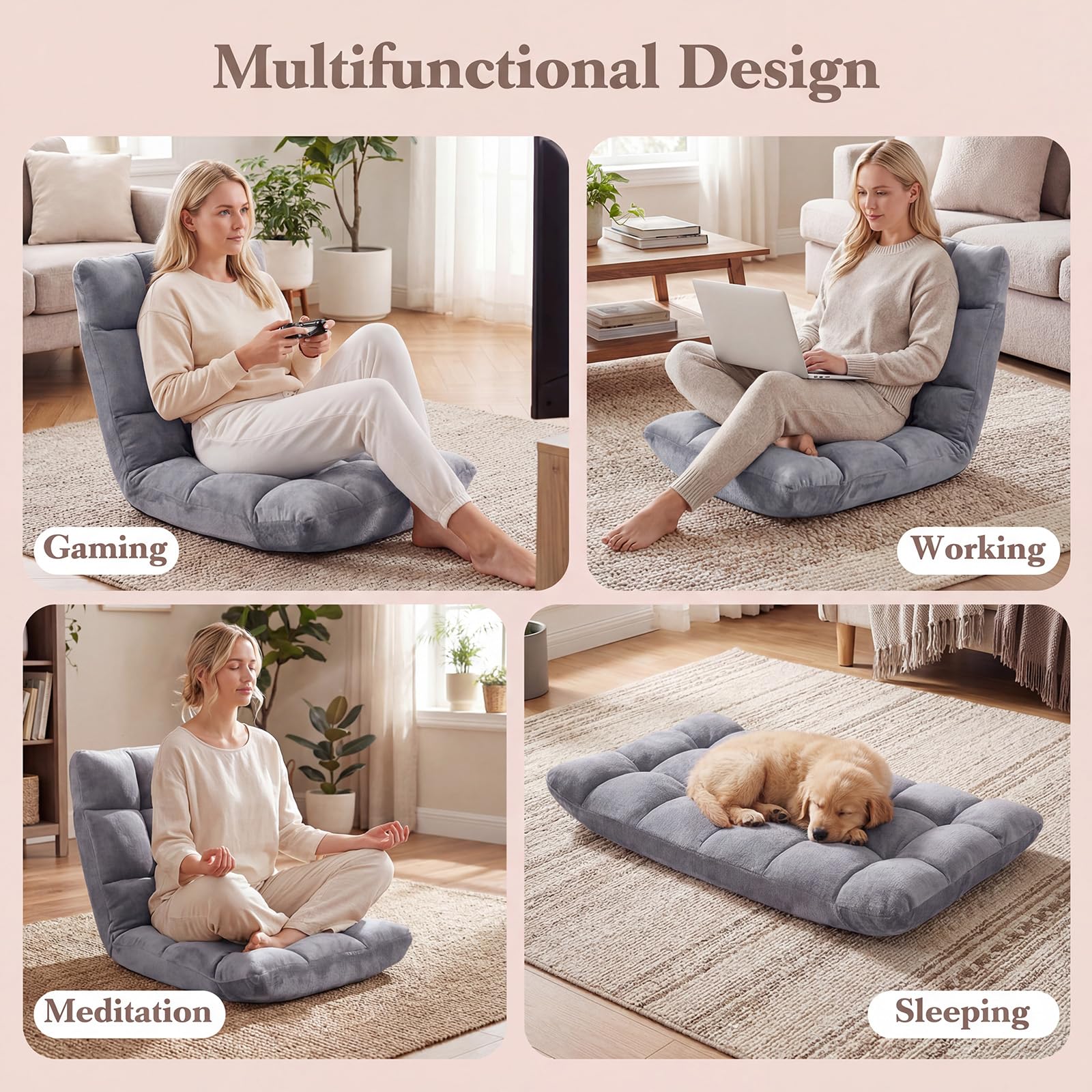 KOMFOTT Floor Chair with Back Support, Foldling Gaming Sofa Chair with Comfy Cushion