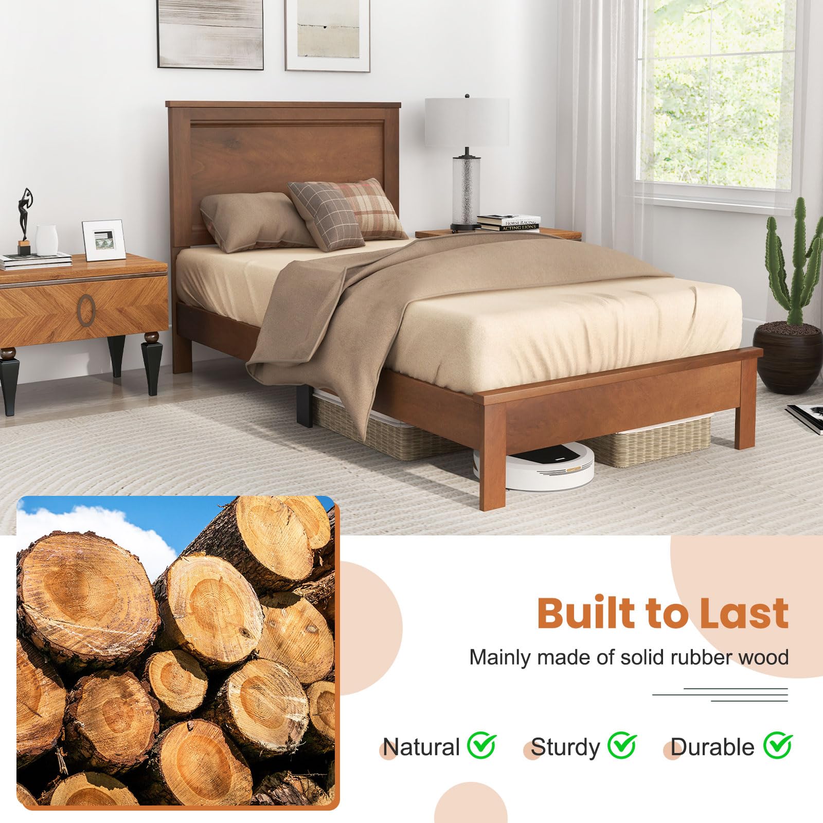 KOMFOTT Wood Platform Bed Frame with Headboard, Mid Century Platform Bed Frame with Solid Wood Legs & Wooden Slat Support