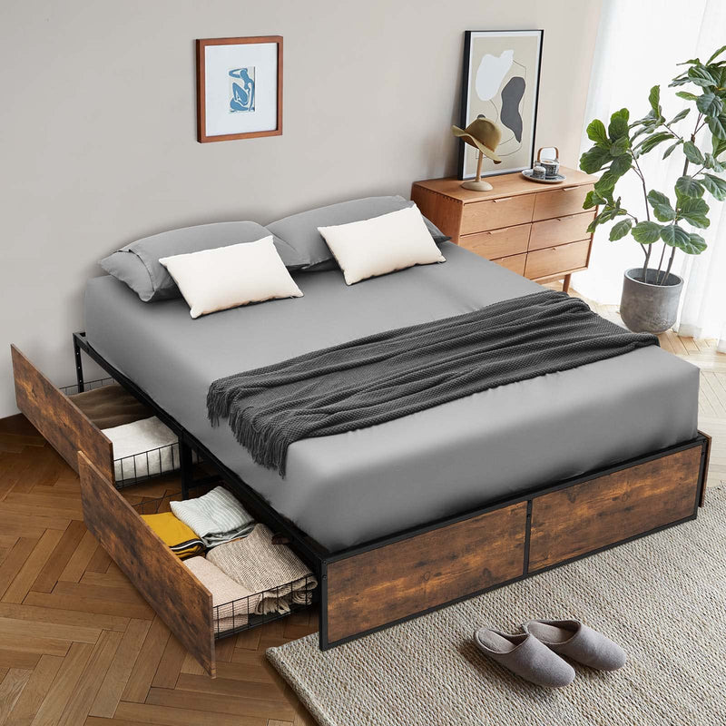 KOMFOTT Platform Bed Frame with 4 Rolling Storage Drawers, Industrial Metal Bed Frame with Reserved Holes for Headboard