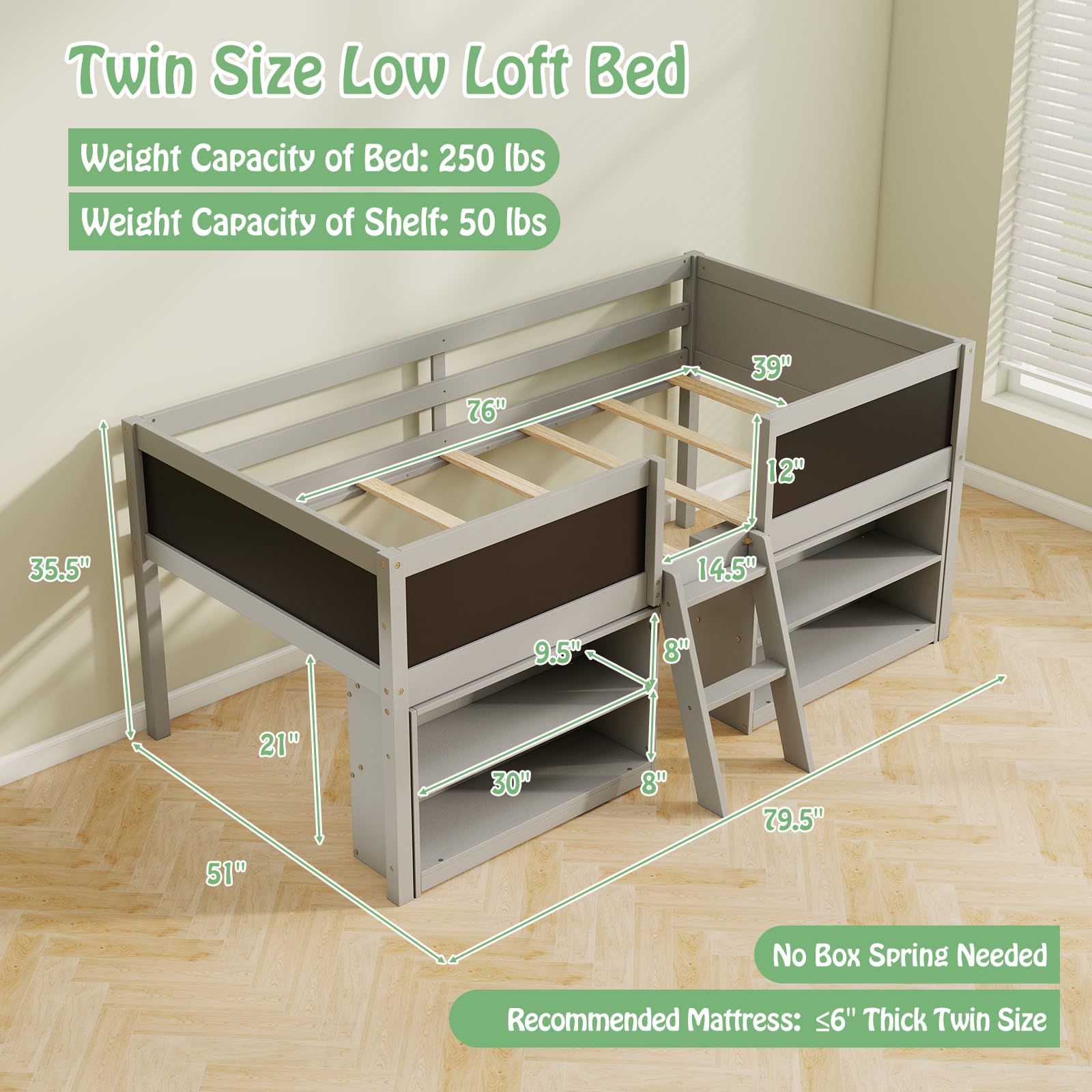 KOMFOTT Twin Size Low Loft Bed Kids Loft Bed Frame