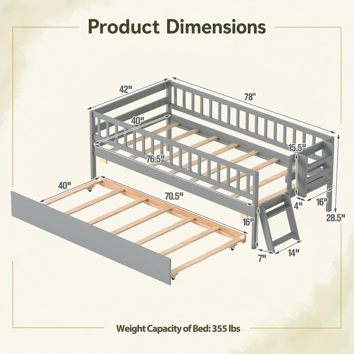 KOMFOTT Twin Bed Frame with Trundle & Bookshelf(with Trundle)