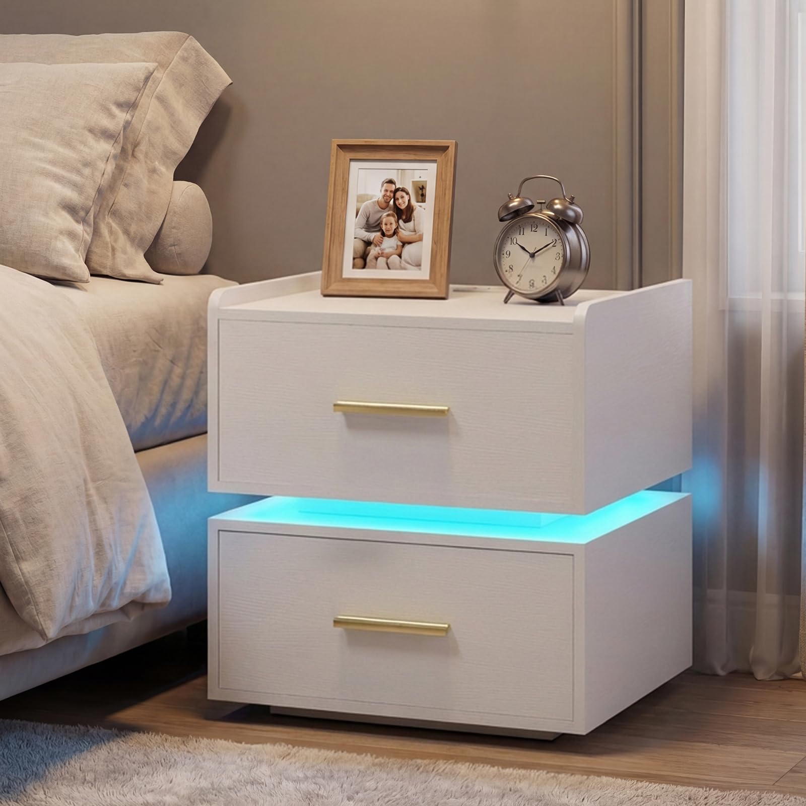 KOMFOTT Nightstand with Charging Station Set of 1/2 LED Bedside Table