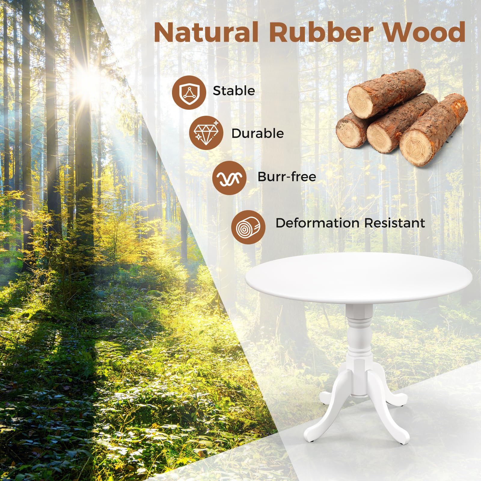 KOMFOTT Wood Round Dining Table for 4 People with Round Tabletop & Curved Trestle Legs
