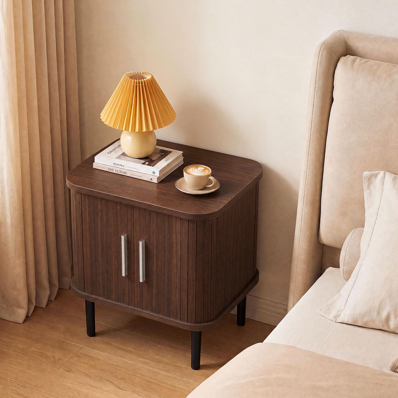 KOMFOTT Fluted Nightstand with Sliding Doors Wood Bedside Table(1/2)