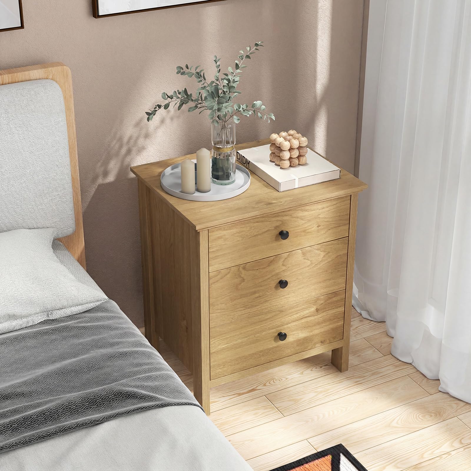 KOMFOTT 3 Drawers Nightstand Wooden Bedside Table with Ample Storage(1/2)