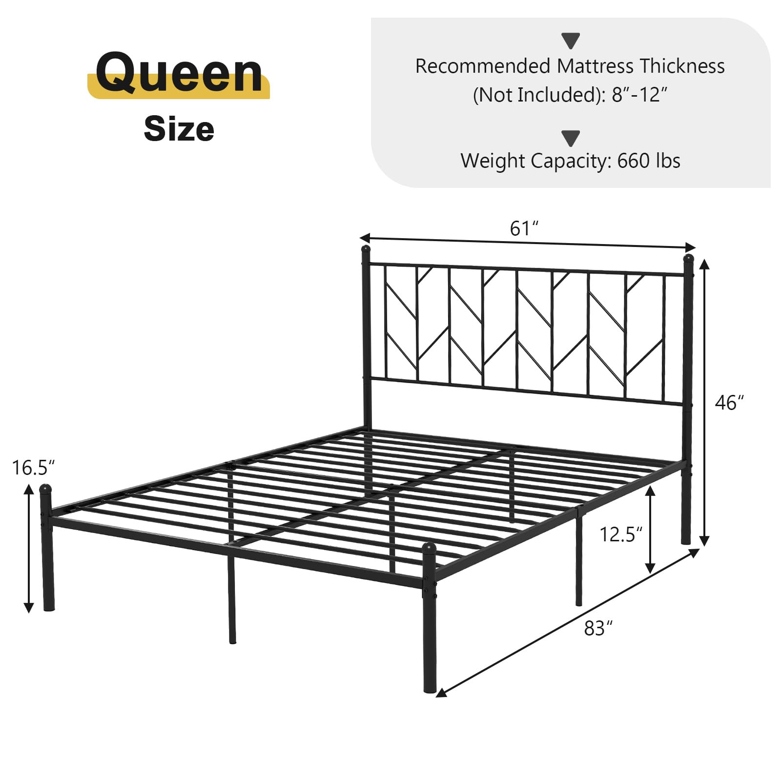 KOMFOTT Metal Bed Frame with Victorian Style Headboard, 14 Metal Slats Support