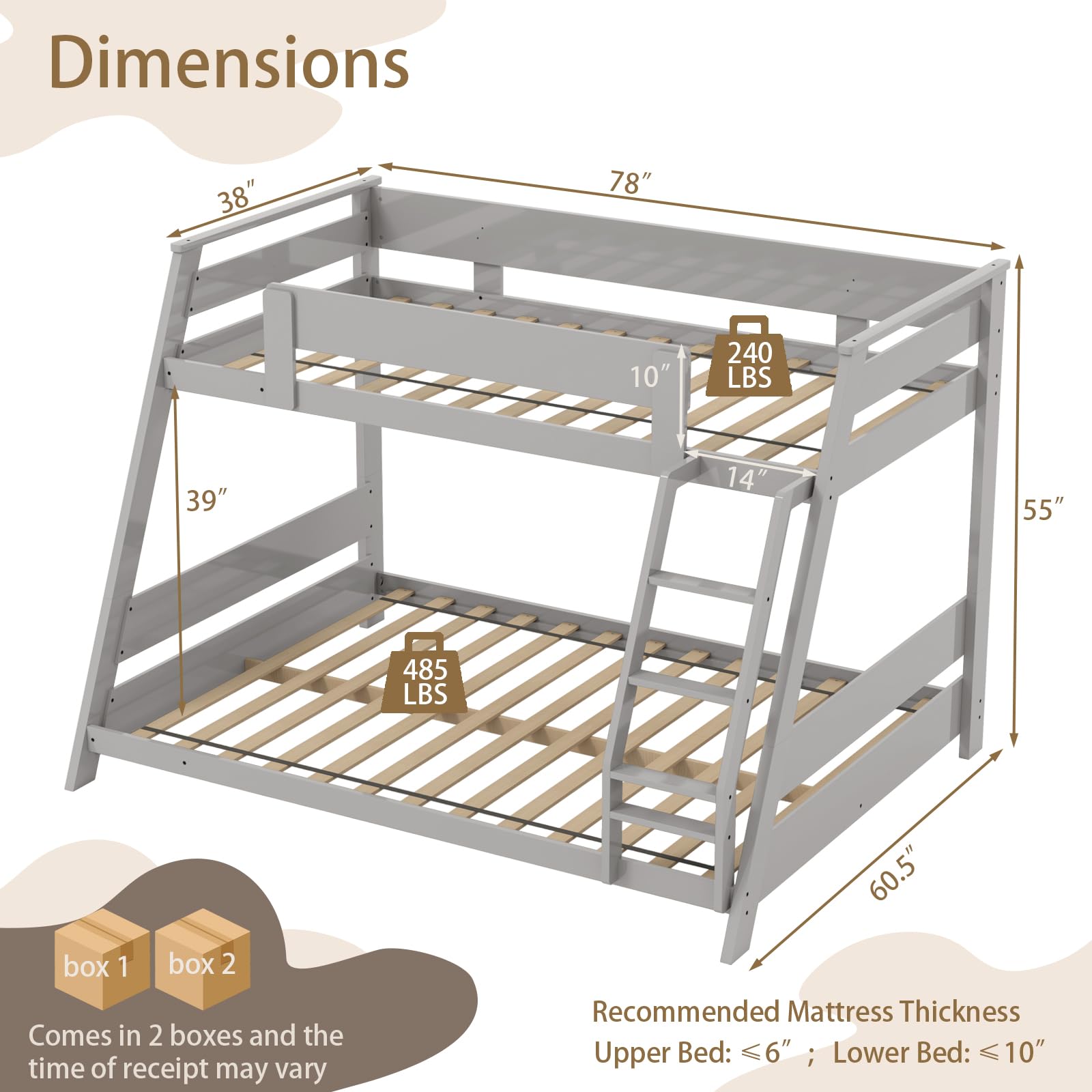 KOMFOTT Wood Twin Over Full Bunk Bed with Reversible Ladder
