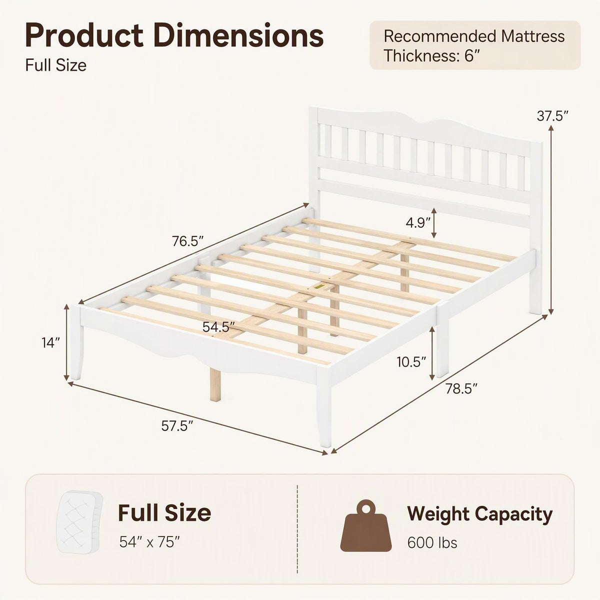 KOMFOTT Full/Queen  Size Bed Frame Farmhouse Wooden Bed with Slatted Headboard(Curved Slatted Headboard)