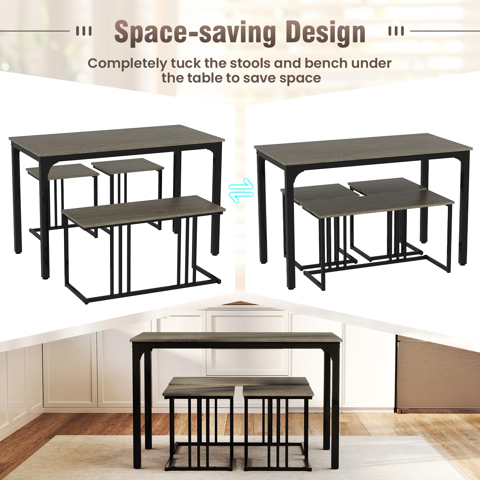 KOMFOTT 4 Piece Dining Table Set for 4 with Bench & 2 Stools, Space-Saving Desk Set