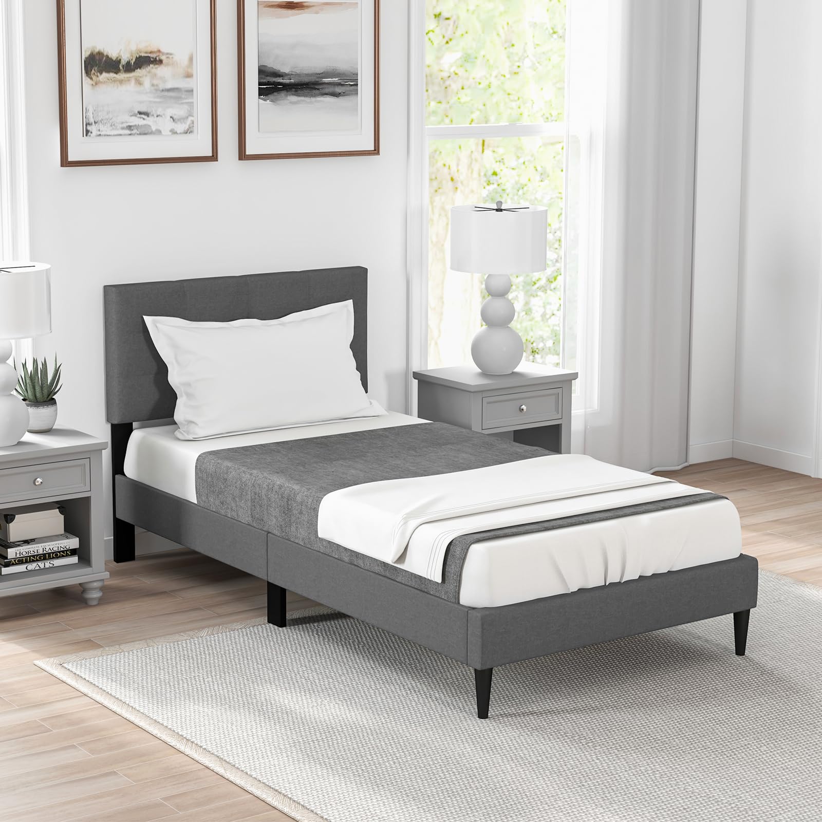 KOMFOTT Twin/Queen Size Upholstered Platform Bed Frame with Button Tufted Linen Fabric Headboard