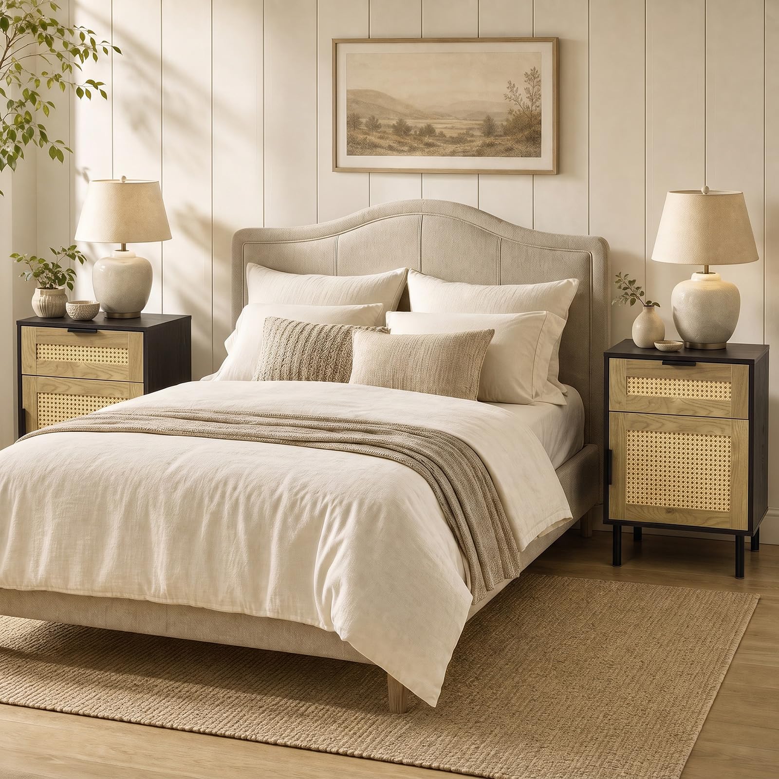 KOMFOTT Set of 2 Rattan Nightstand w/Drawer & Storage Cabinet