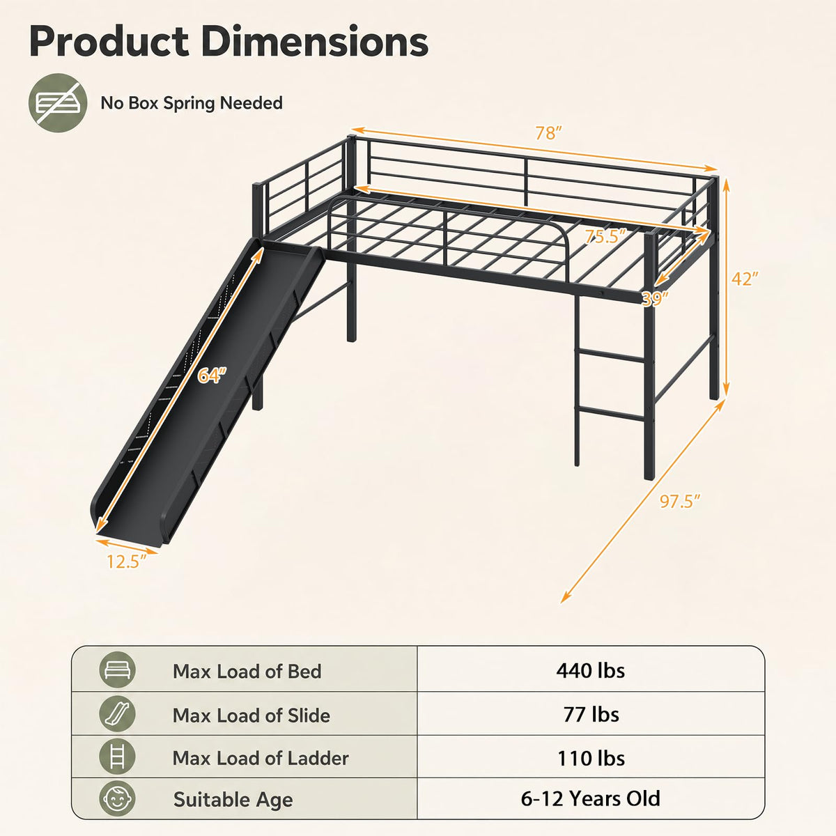 KOMFOTT Twin Size Low Loft Bed Metal Bed Frame with 30" H Under-Bed Space(with Slide)