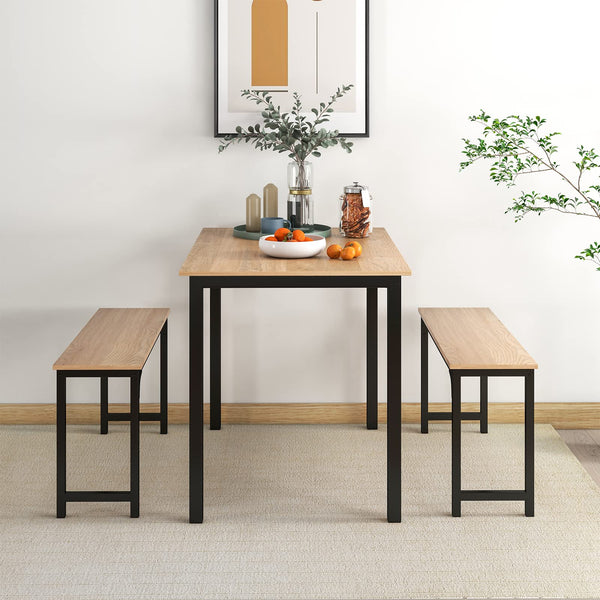 Dining Table Set with 2 Benches, Industrial Kitchen Table & Chairs with Metal Frame