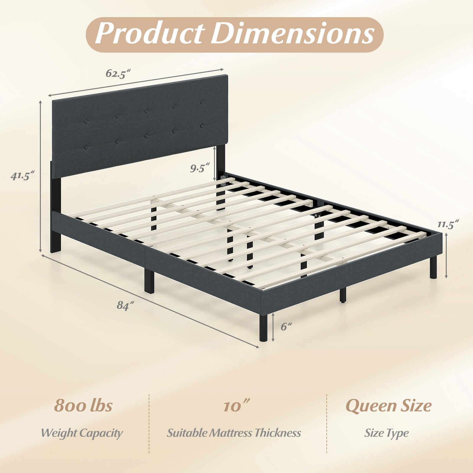 KOMFOTT Queen Size Linen Upholstered Bed Frame with Tufted Headboard