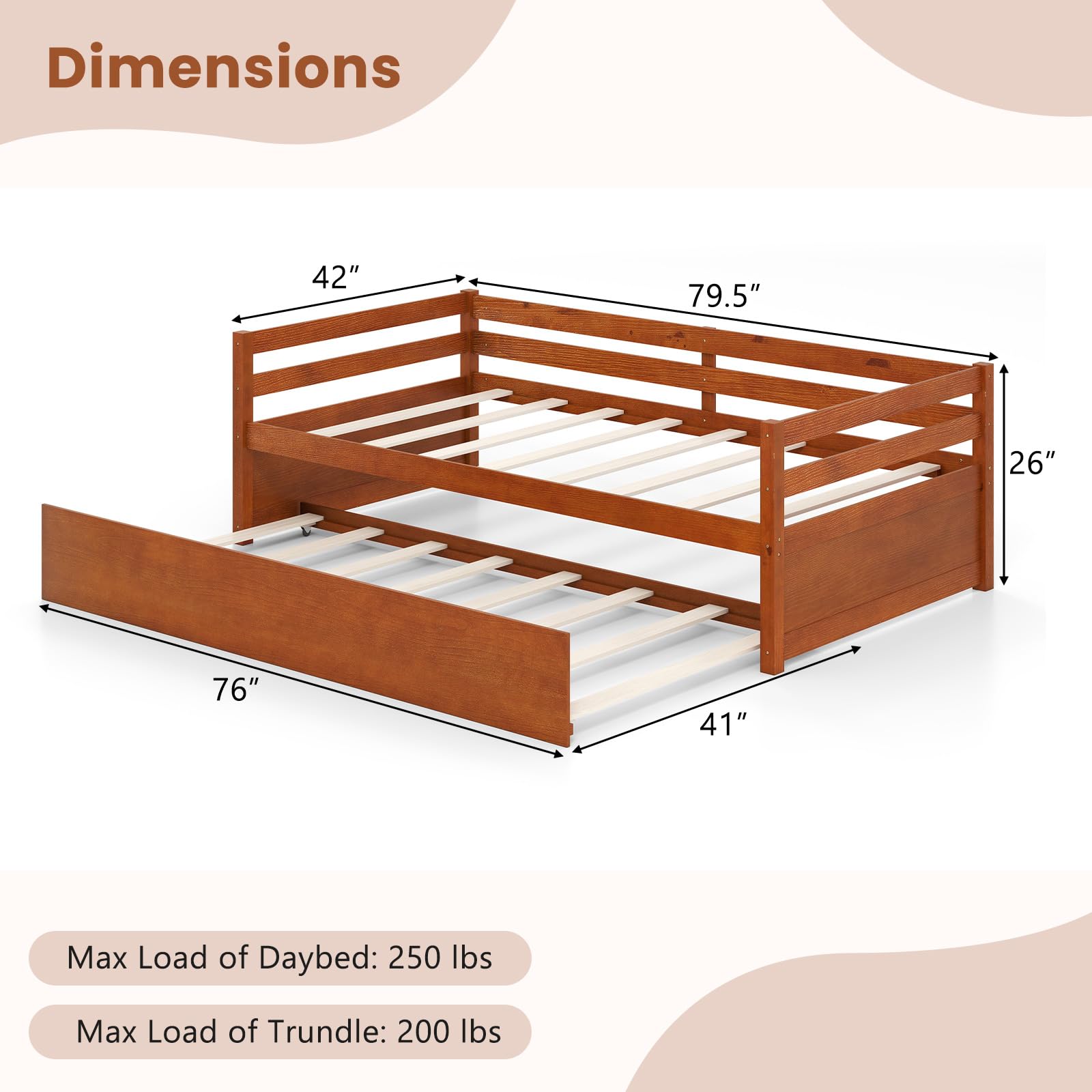KOMFOTT Twin Daybed with Trundle, Wood Trundle Bed with Wood Slat Support